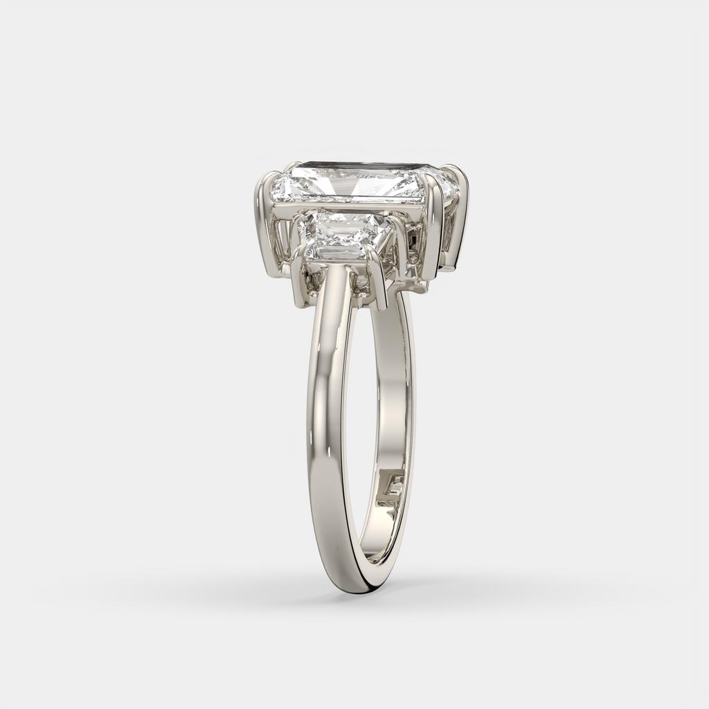 3.50 Ct D VS1 Radiant Cut Lab-Grown Diamond Three Stone Ring With Trapezoid Accents, in white gold, side profile