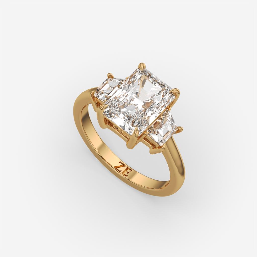3.50 Ct D VS1 Radiant Cut Lab-Grown Diamond Three Stone Ring With Trapezoid Accents, in yellow gold, front view