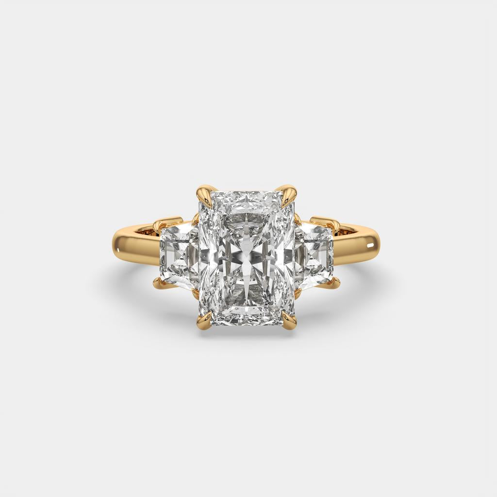3.50 Ct D VS1 Radiant Cut Lab-Grown Diamond Three Stone Ring With Trapezoid Accents, in yellow gold, front view