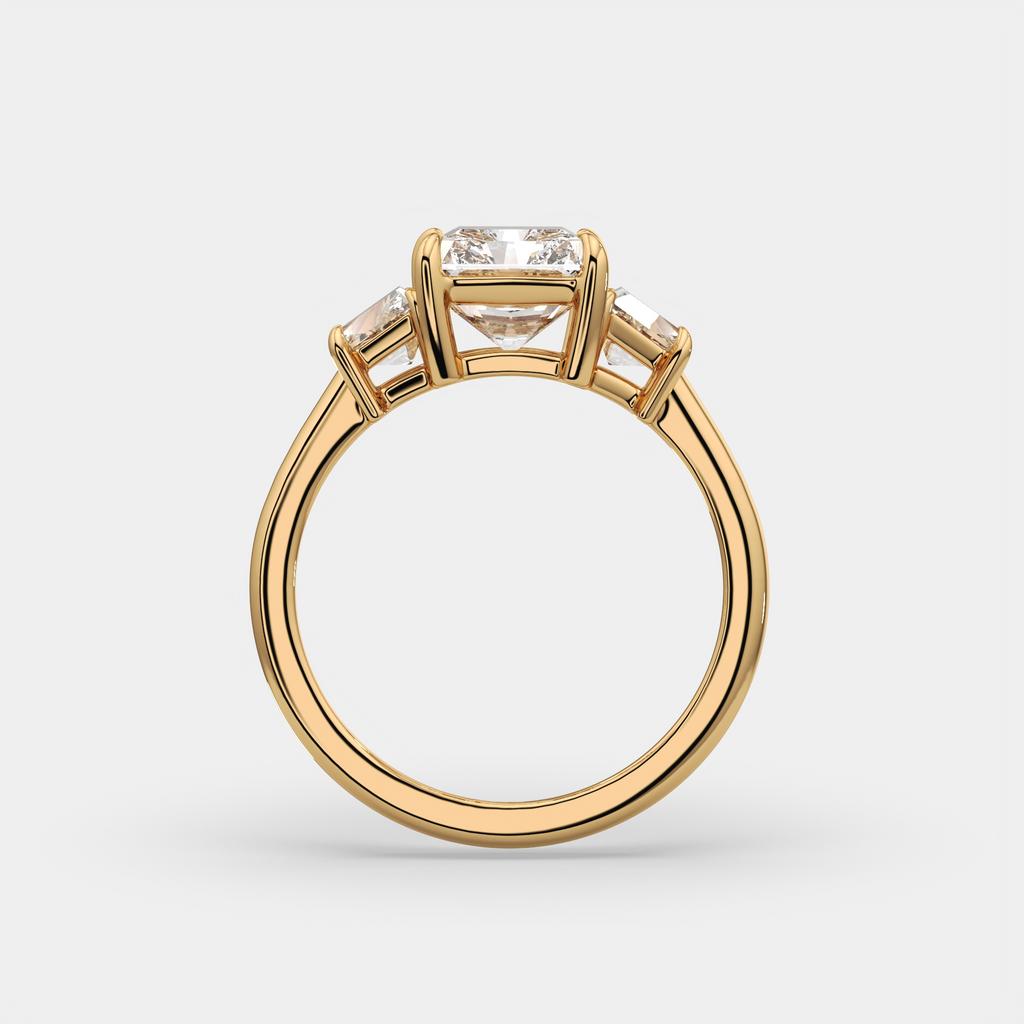 3.50 Ct D VS1 Radiant Cut Lab-Grown Diamond Three Stone Ring With Trapezoid Accents, in yellow gold, side profile