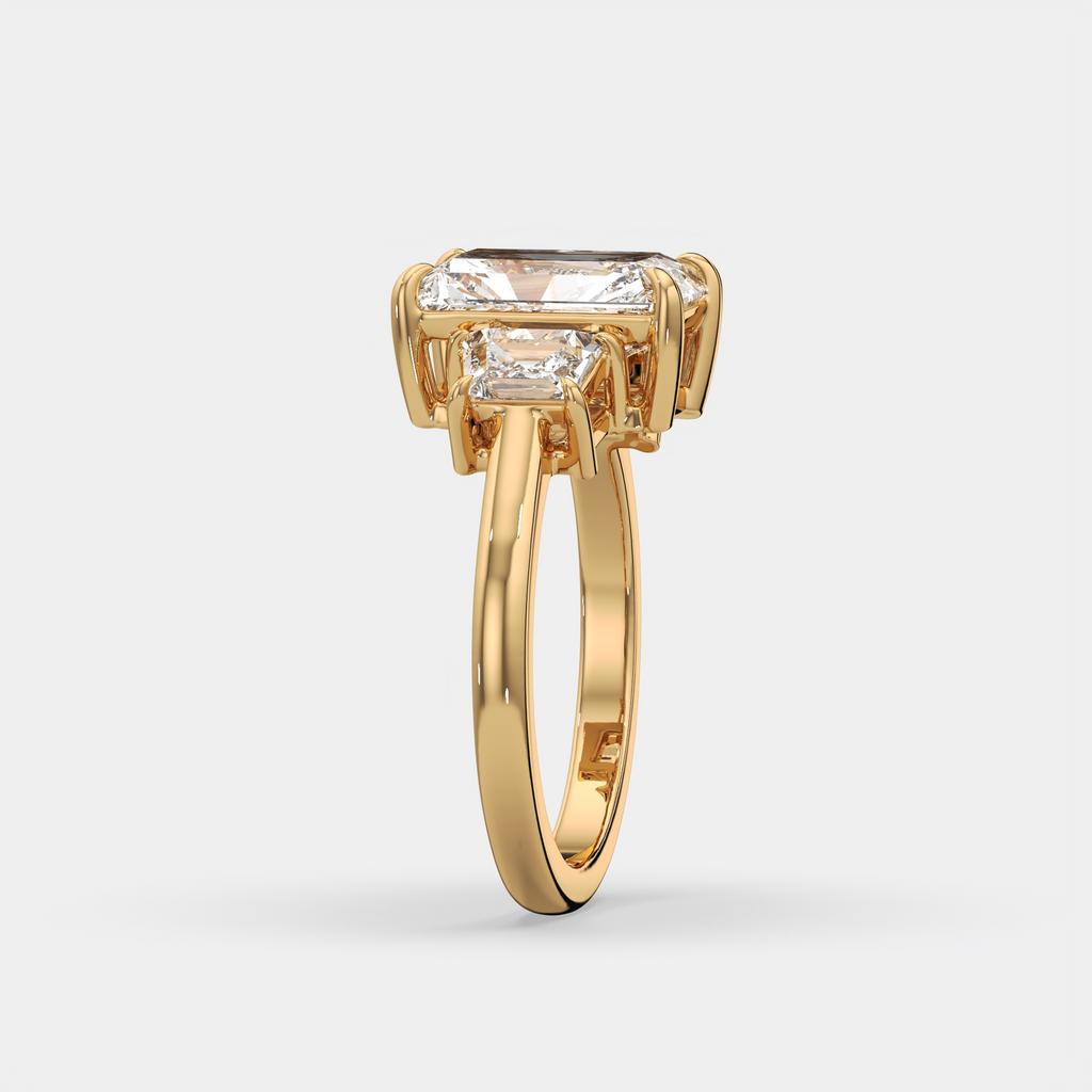 3.50 Ct D VS1 Radiant Cut Lab-Grown Diamond Three Stone Ring With Trapezoid Accents, in yellow gold, side profile