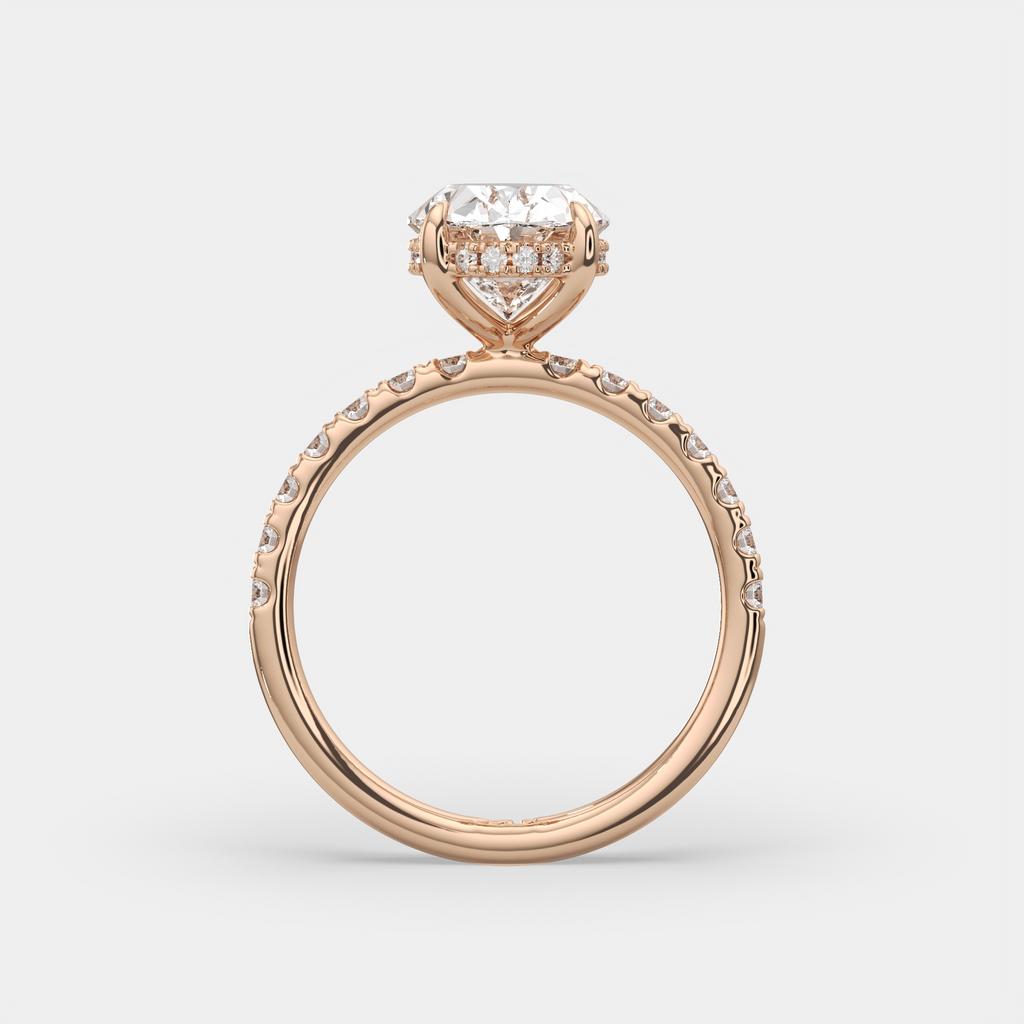 3.50 Ct E VS1 Oval Lab Grown Diamond Halo Ring, in rose gold, side profile