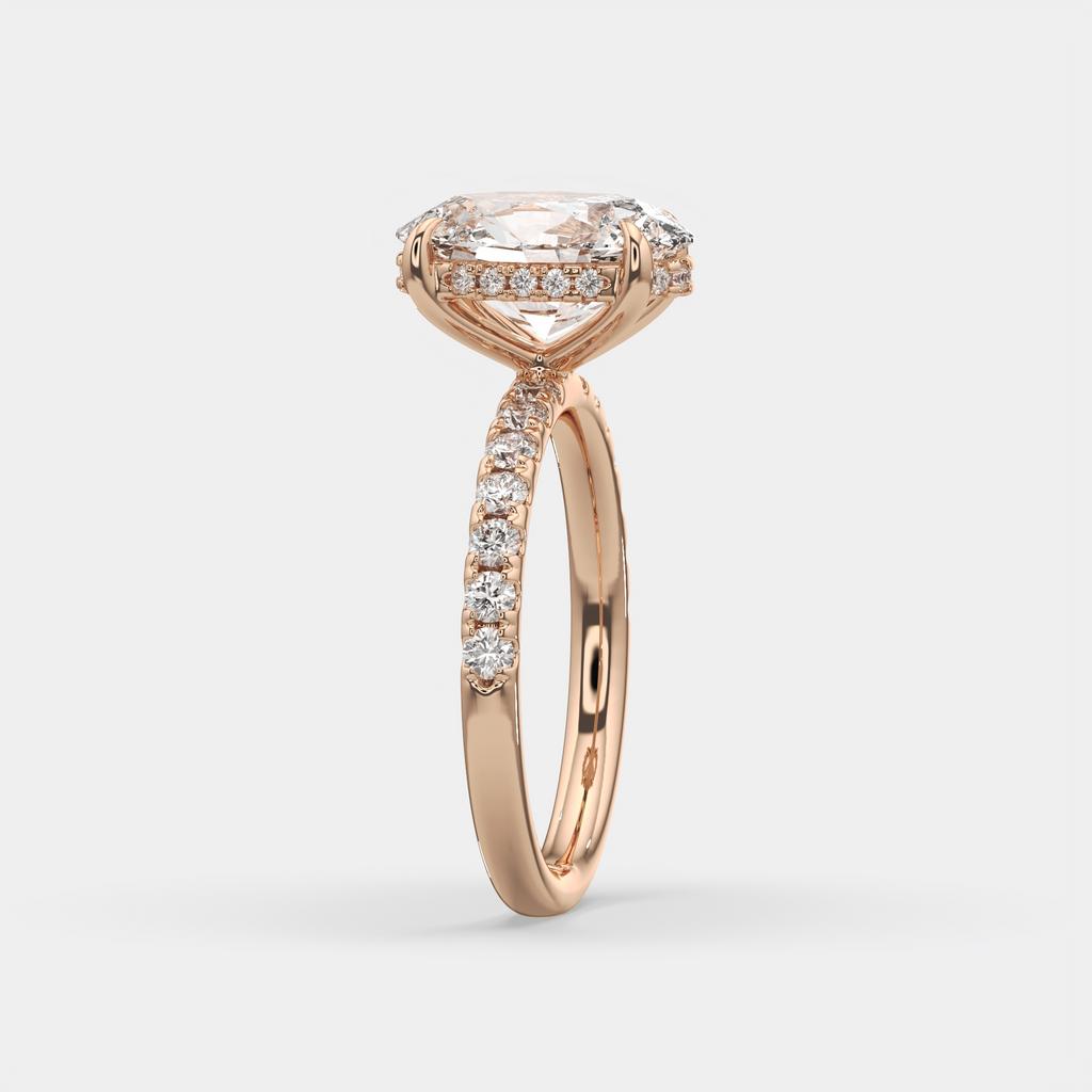 3.50 Ct E VS1 Oval Lab Grown Diamond Halo Ring, in rose gold, side profile