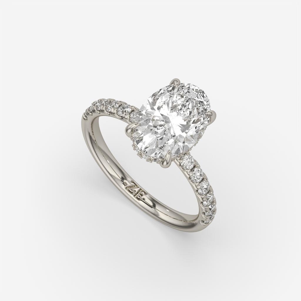 3.50 Ct E VS1 Oval Lab Grown Diamond Halo Ring, in white gold, front view
