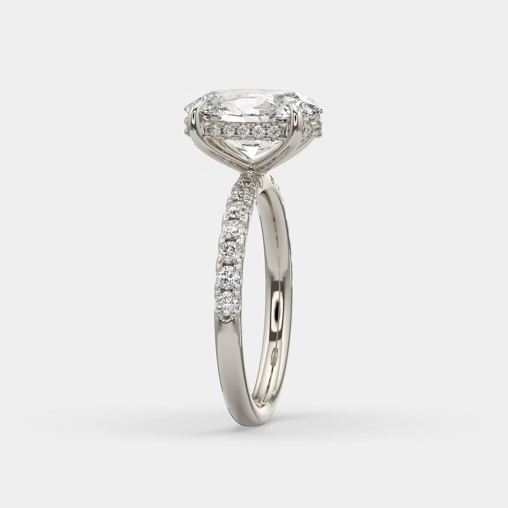 3.50 Ct E VS1 Oval Lab Grown Diamond Halo Ring, in white gold, side profile