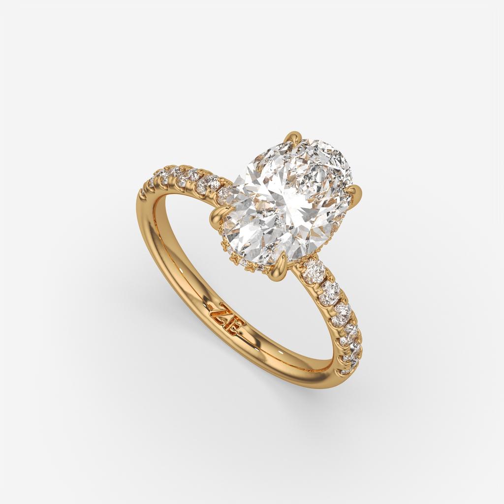 3.50 Ct E VS1 Oval Lab Grown Diamond Halo Ring, in yellow gold, front view
