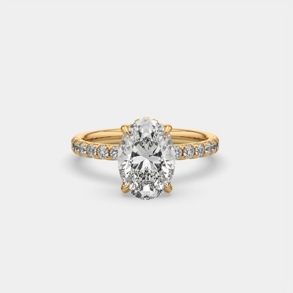 3.50 Ct E VS1 Oval Lab Grown Diamond Halo Ring, in yellow gold, front view