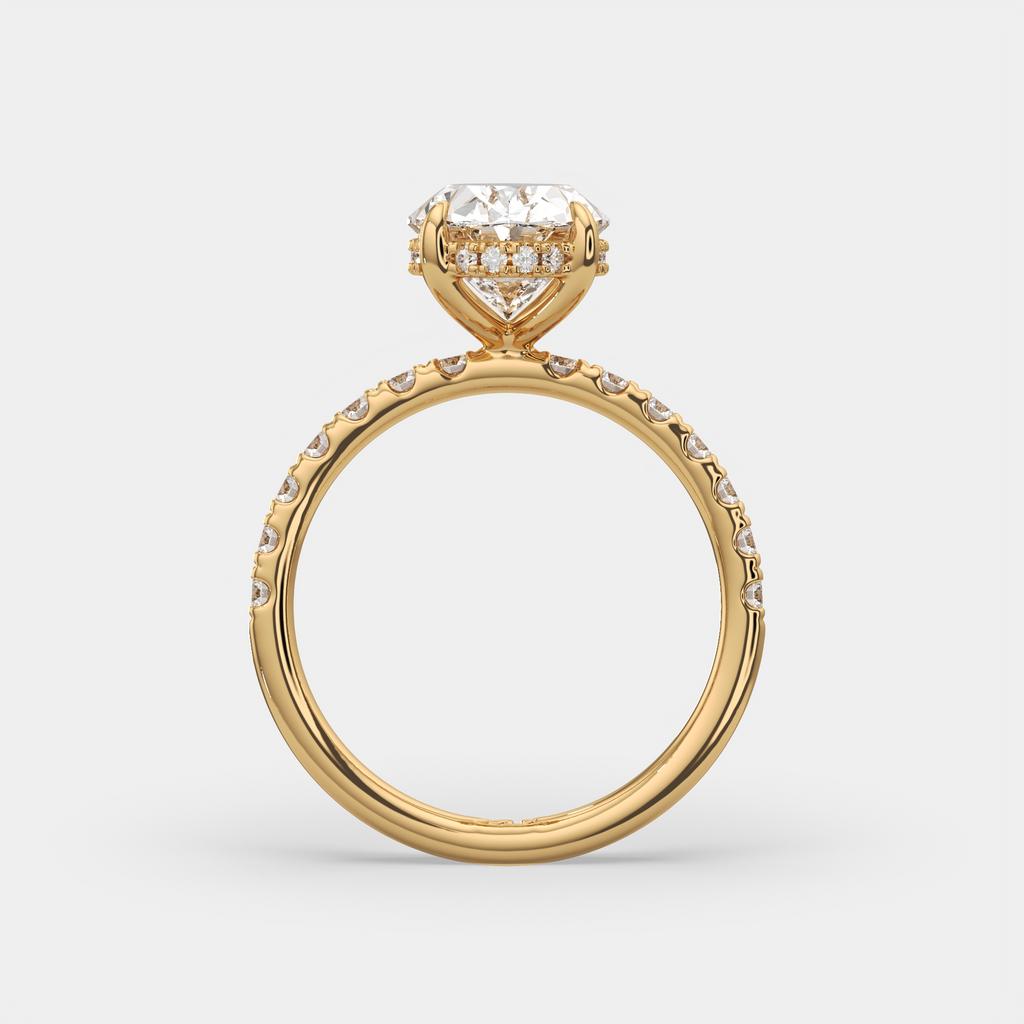 3.50 Ct E VS1 Oval Lab Grown Diamond Halo Ring, in yellow gold, side profile