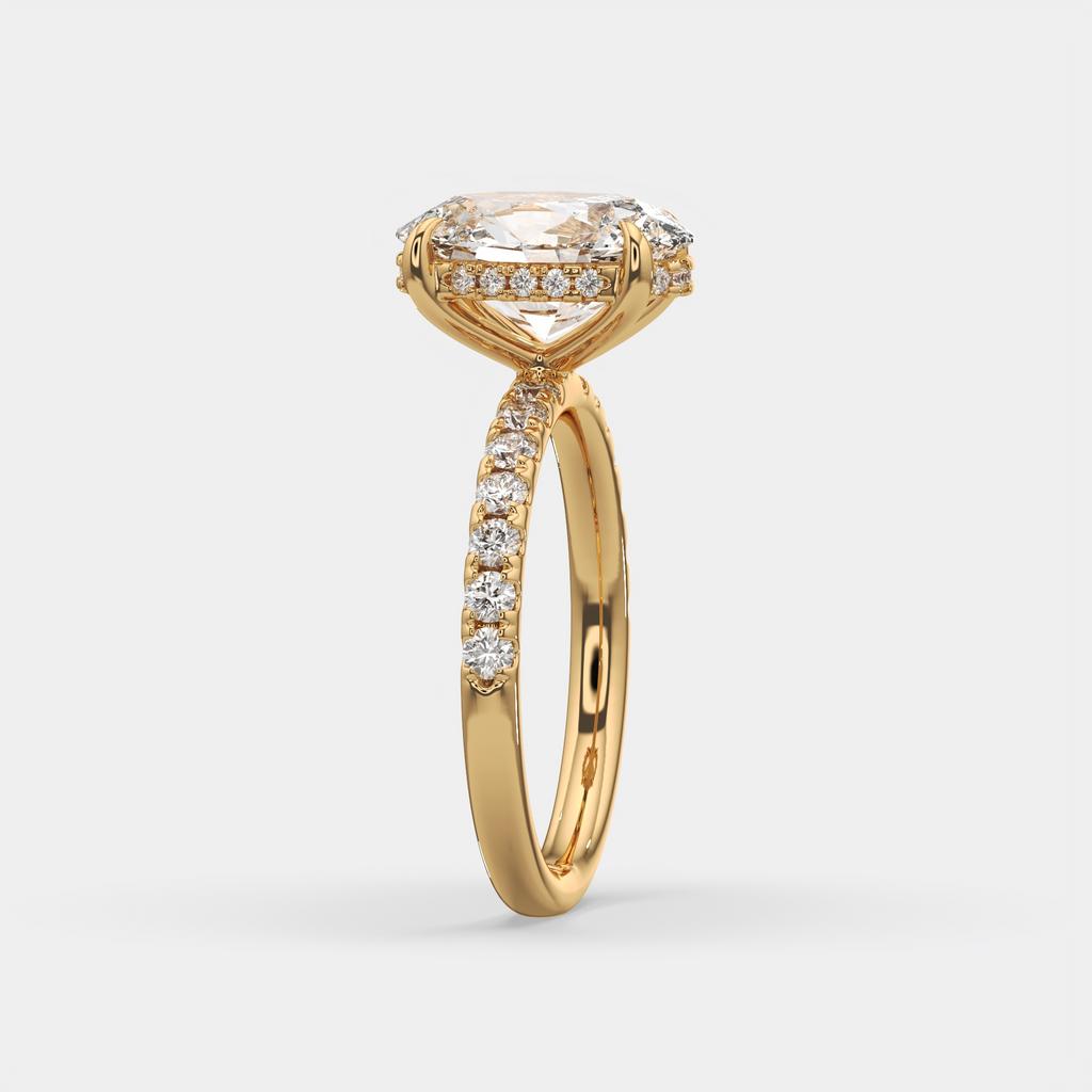 3.50 Ct E VS1 Oval Lab Grown Diamond Halo Ring, in yellow gold, side profile