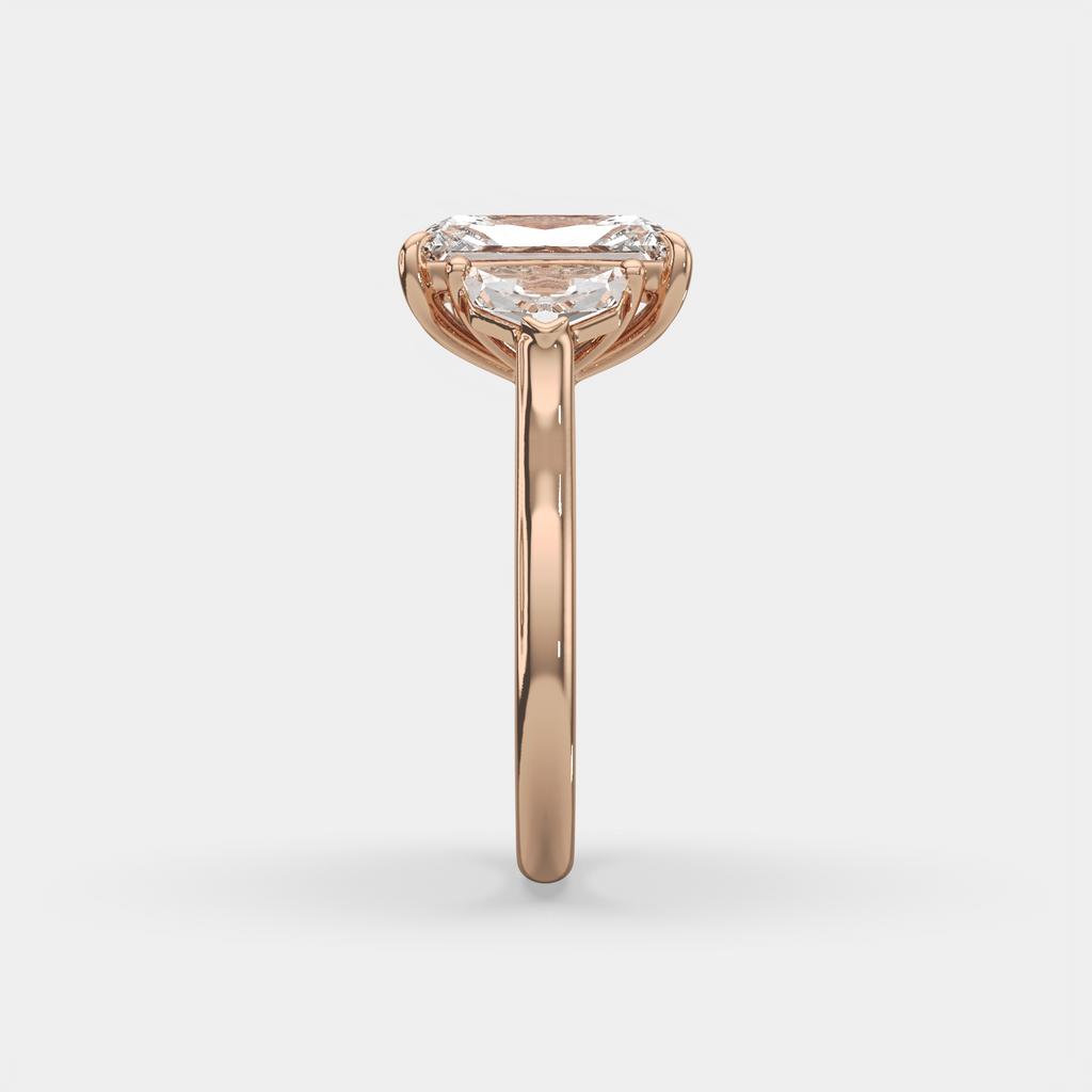 3.50 Ct E VS1 Radiant Three Stone Ring With Trapezoid Accents, in rose gold, side profile
