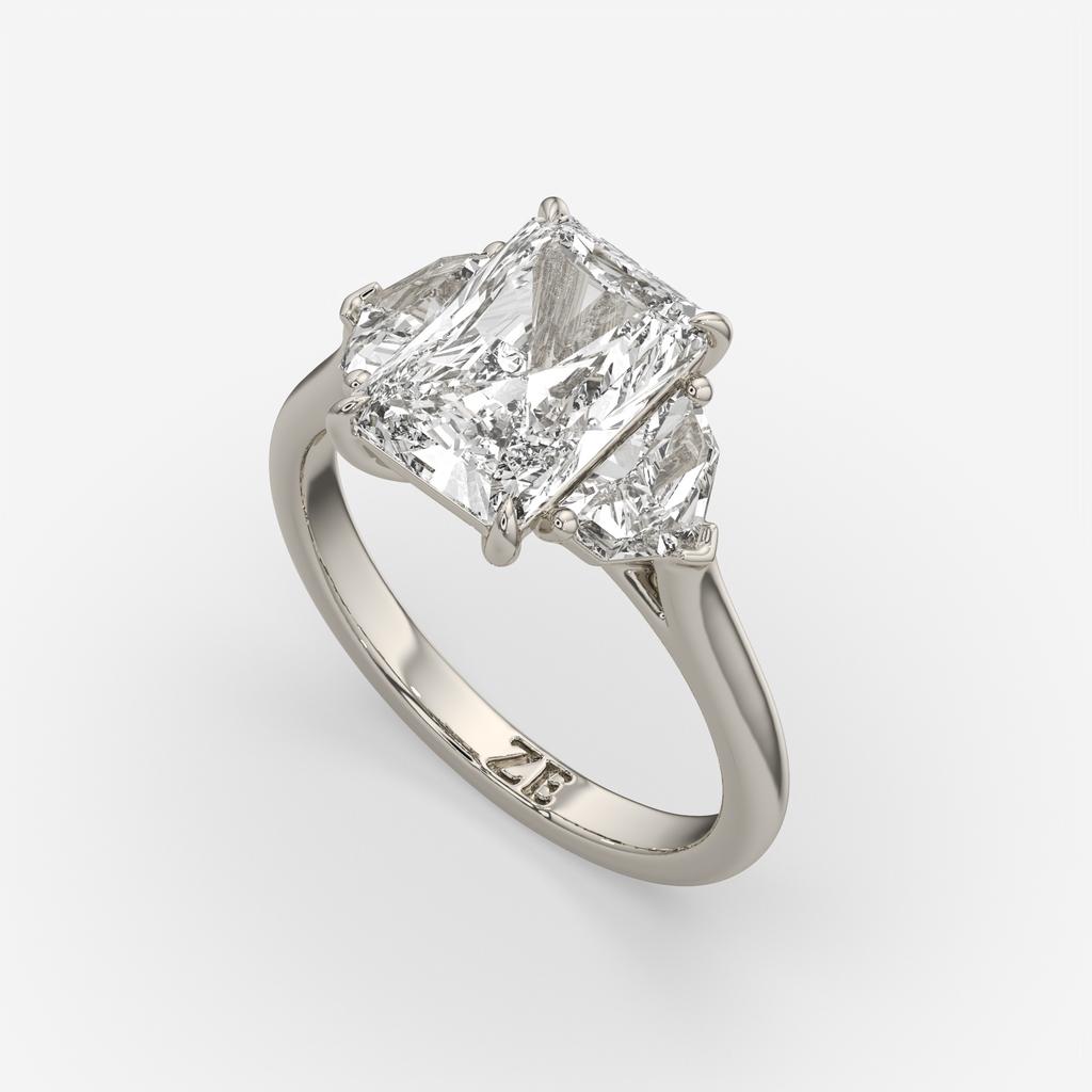 3.50 Ct E VS1 Radiant Three Stone Ring With Trapezoid Accents, in white gold, front view