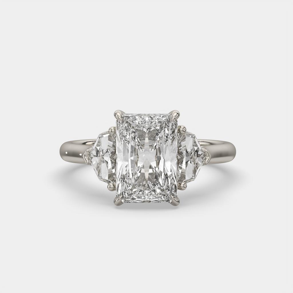 3.50 Ct E VS1 Radiant Three Stone Ring With Trapezoid Accents, in white gold, front view