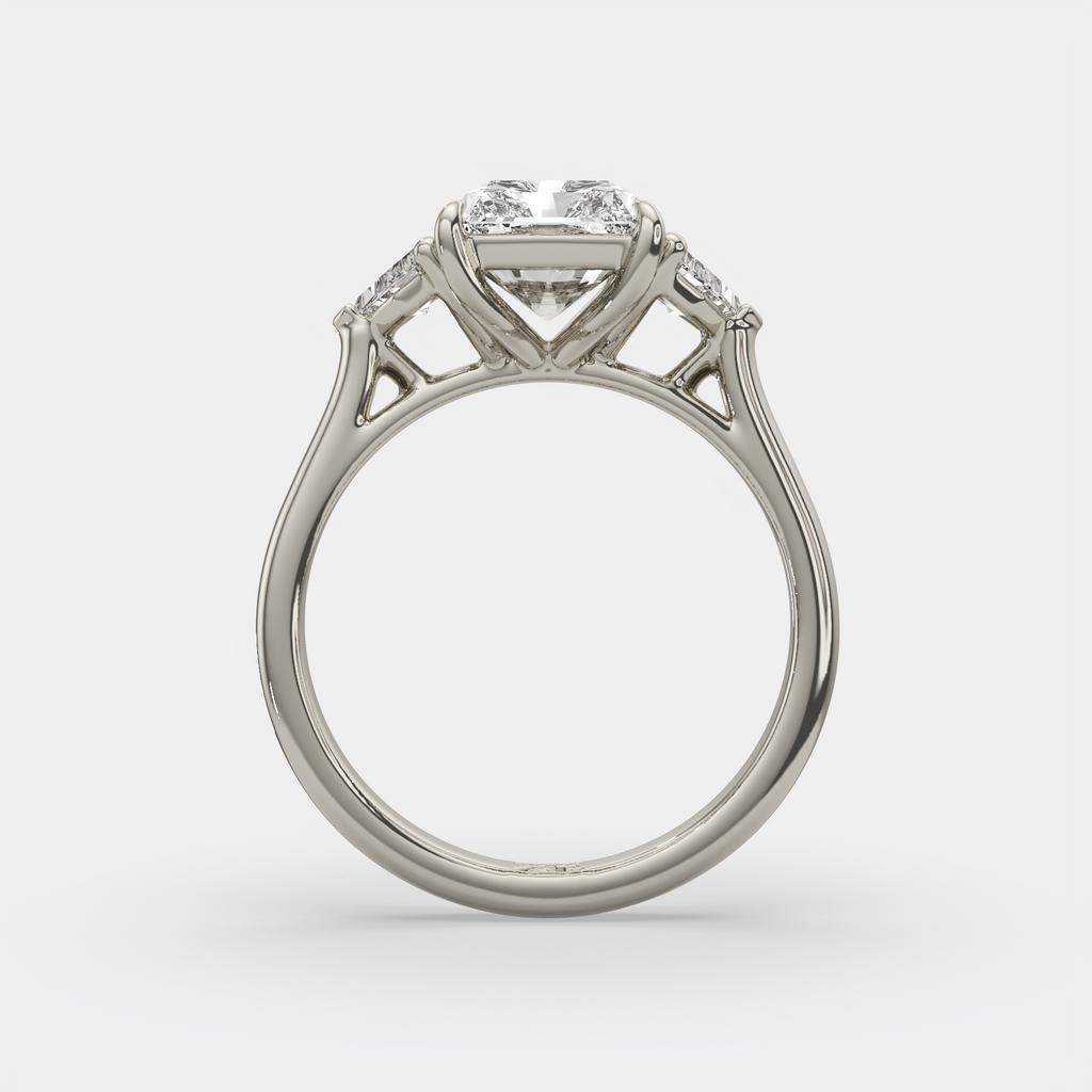 3.50 Ct E VS1 Radiant Three Stone Ring With Trapezoid Accents, in white gold, side profile