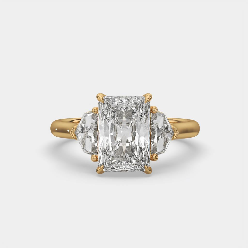 3.50 Ct E VS1 Radiant Three Stone Ring With Trapezoid Accents, in yellow gold, front view