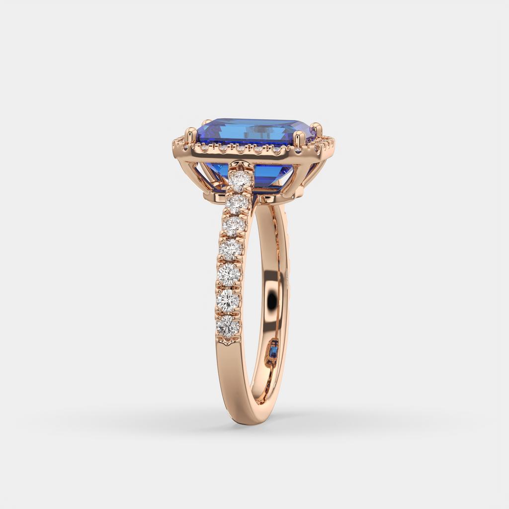 3.50 Ct Emerald Cut Blue Sapphire and Diamond Ring, in rose gold, side profile