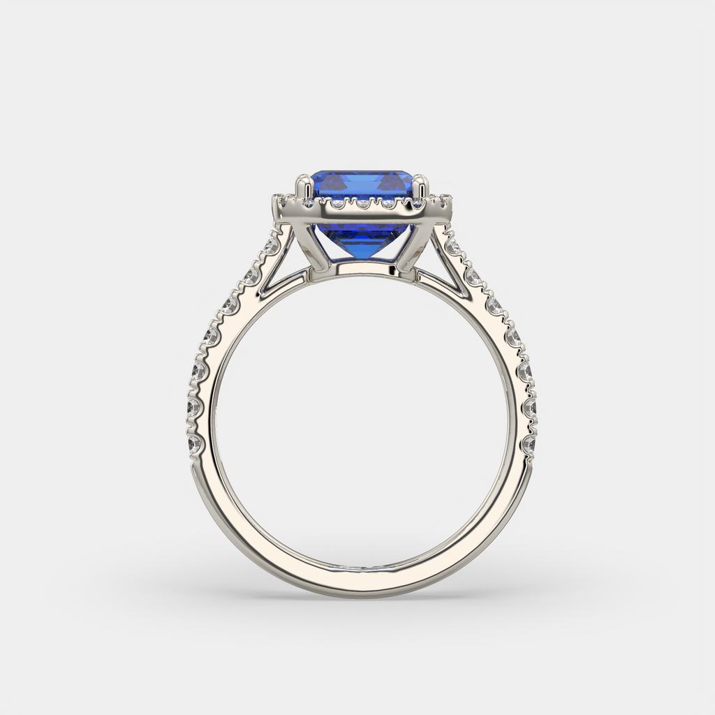 3.50 Ct Emerald Cut Blue Sapphire and Diamond Ring, in white gold, side profile