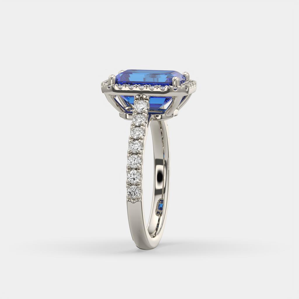 3.50 Ct Emerald Cut Blue Sapphire and Diamond Ring, in white gold, side profile