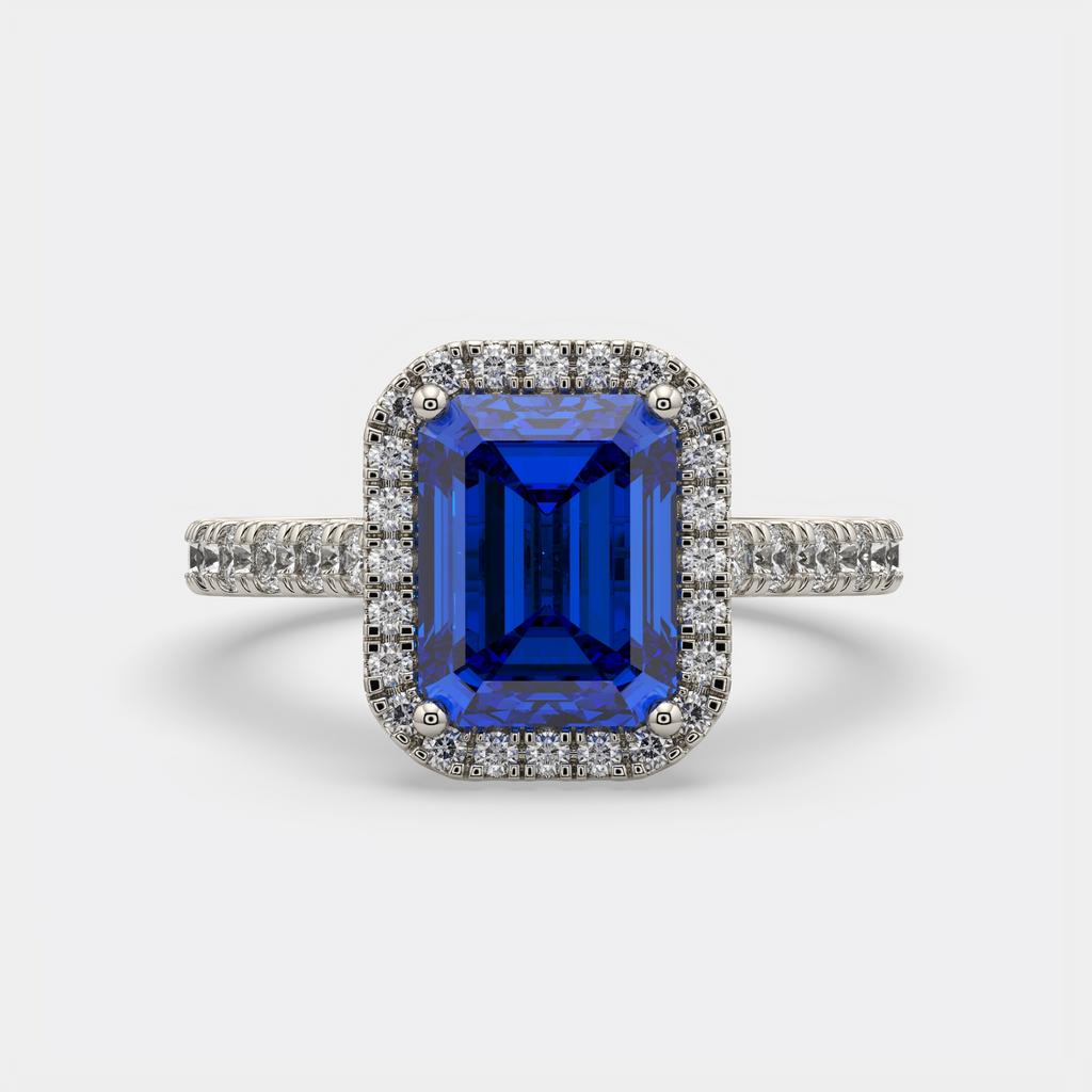 3.50 Ct Emerald Cut Blue Sapphire and Diamond Ring, in white gold, top view