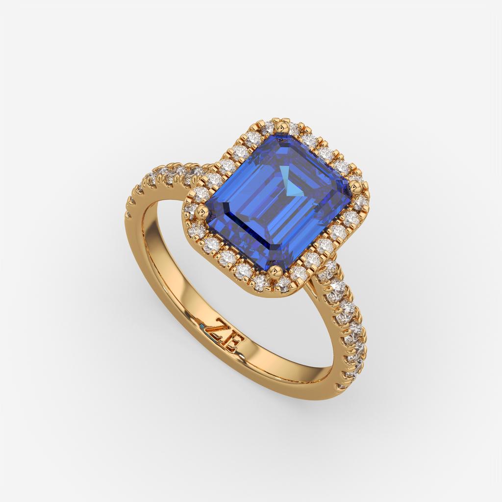 3.50 Ct Emerald Cut Blue Sapphire and Diamond Ring, in yellow gold, front view
