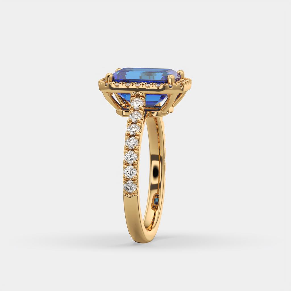 3.50 Ct Emerald Cut Blue Sapphire and Diamond Ring, in yellow gold, side profile