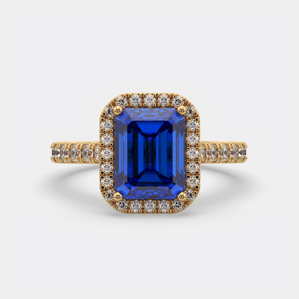 3.50 Ct Emerald Cut Blue Sapphire and Diamond Ring, in yellow gold, top view