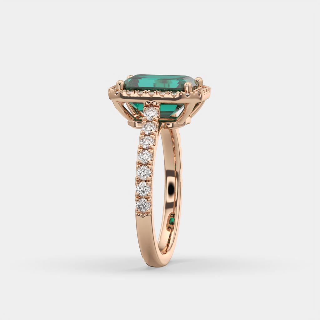 3.50 Ct Emerald Cut Green Emerald and Diamond Ring, in rose gold, side profile