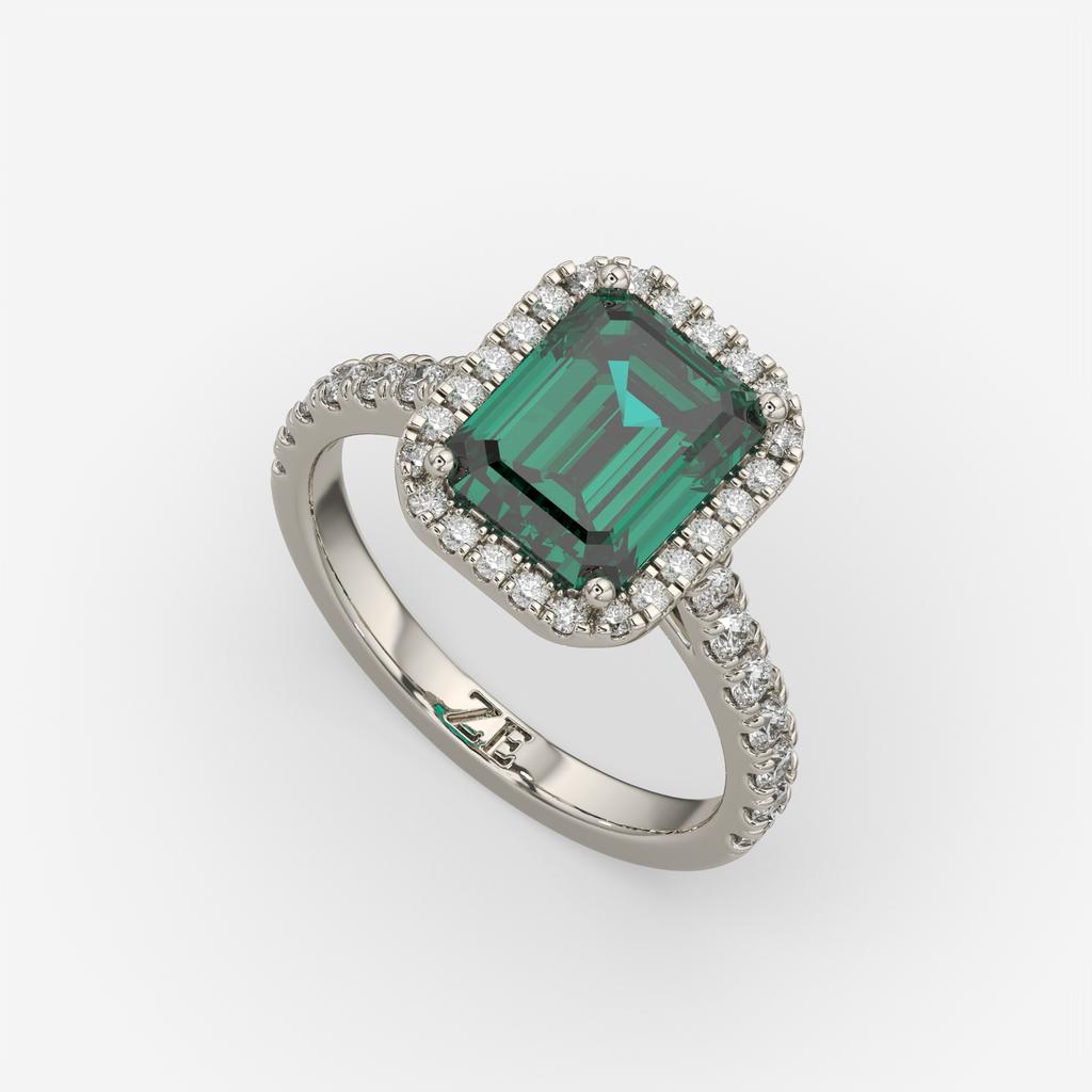 3.50 Ct Emerald Cut Green Emerald and Diamond Ring, in white gold, front view