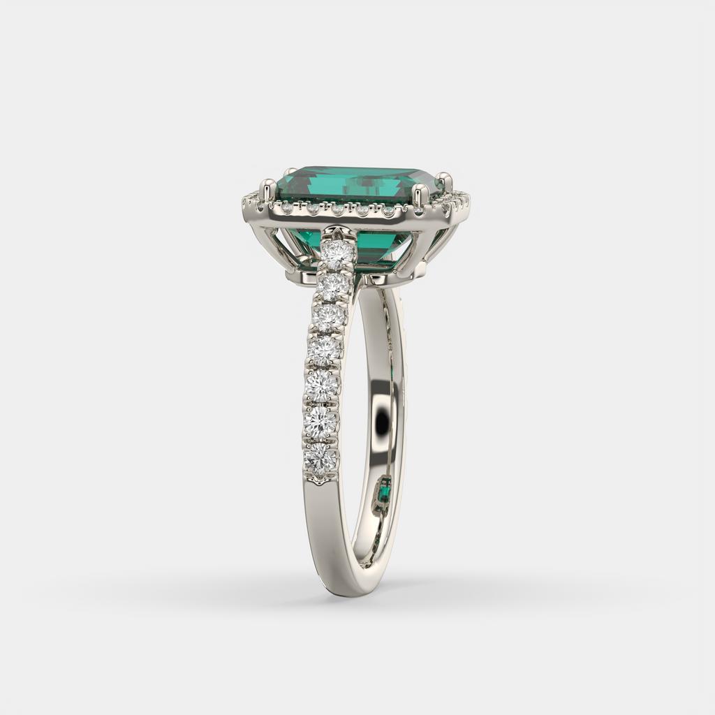 3.50 Ct Emerald Cut Green Emerald and Diamond Ring, in white gold, side profile