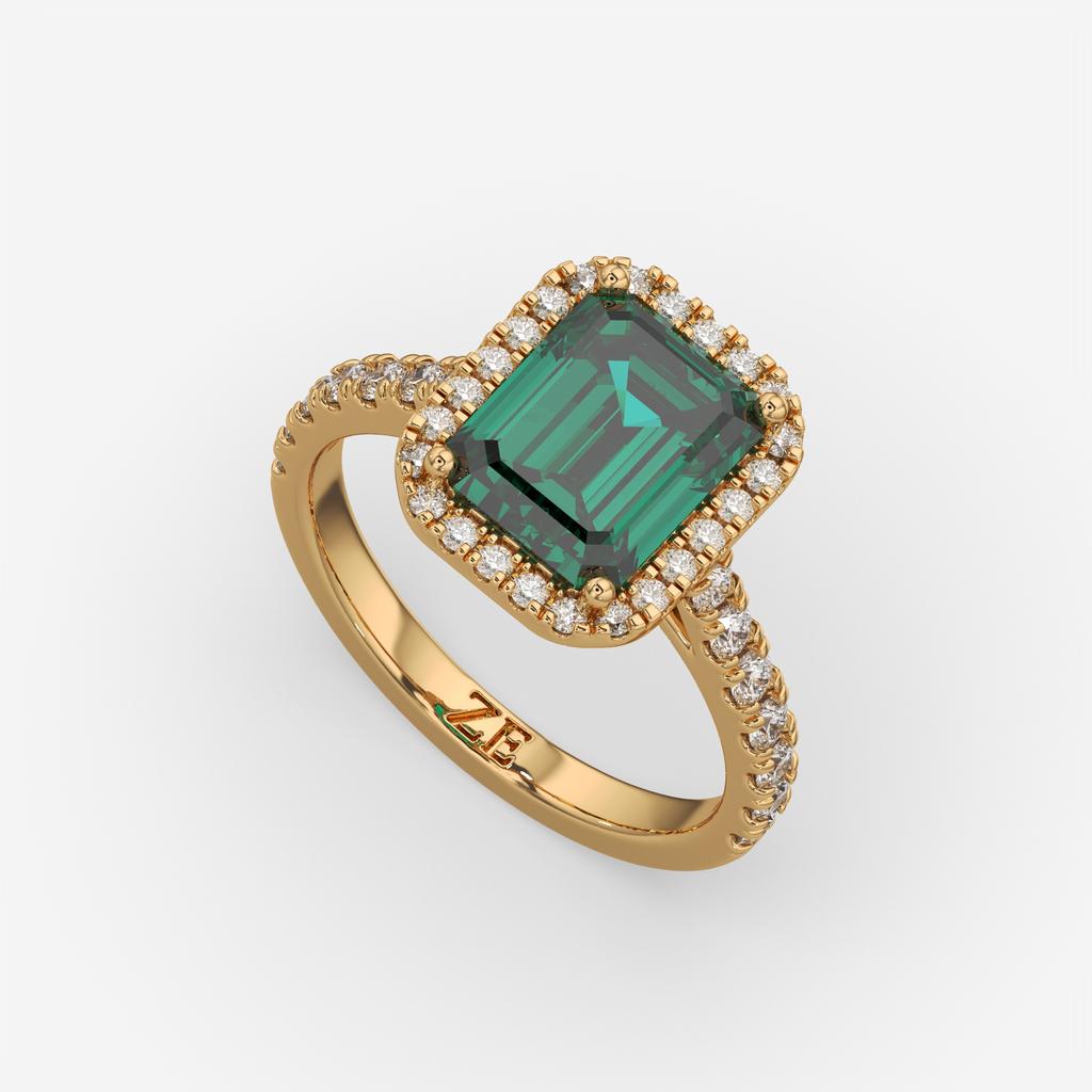 3.50 Ct Emerald Cut Green Emerald and Diamond Ring, in yellow gold, front view