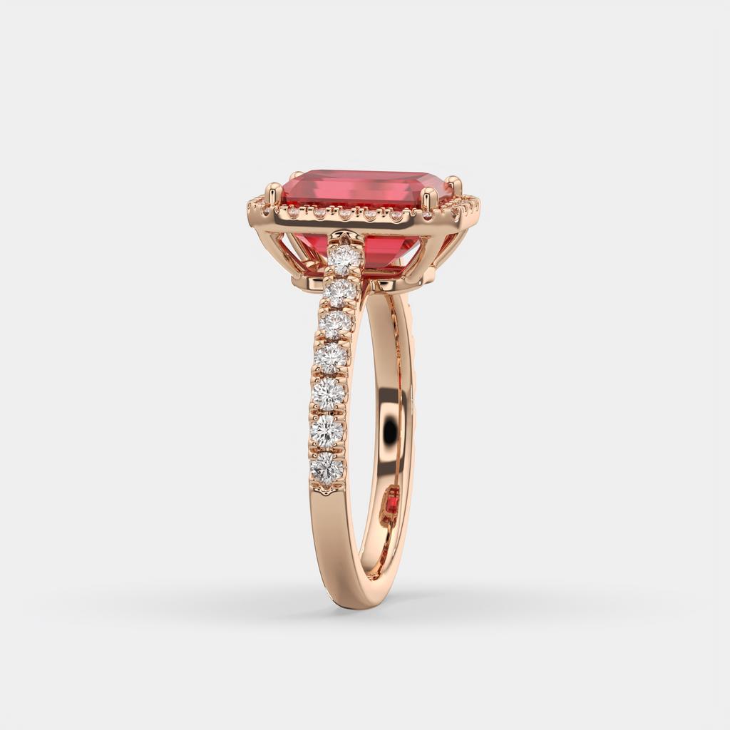 3.50 Ct Emerald Cut Red Ruby and Diamond Ring, in rose gold, side profile