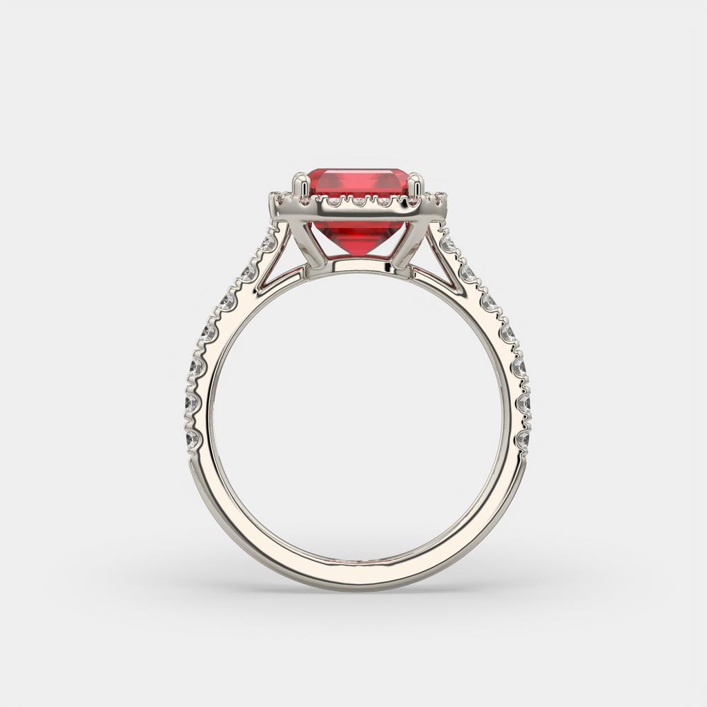 3.50 Ct Emerald Cut Red Ruby and Diamond Ring, in white gold, side profile