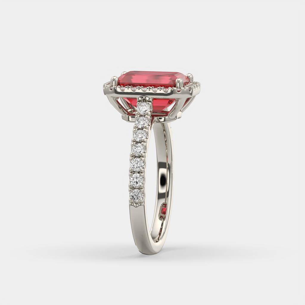 3.50 Ct Emerald Cut Red Ruby and Diamond Ring, in white gold, side profile
