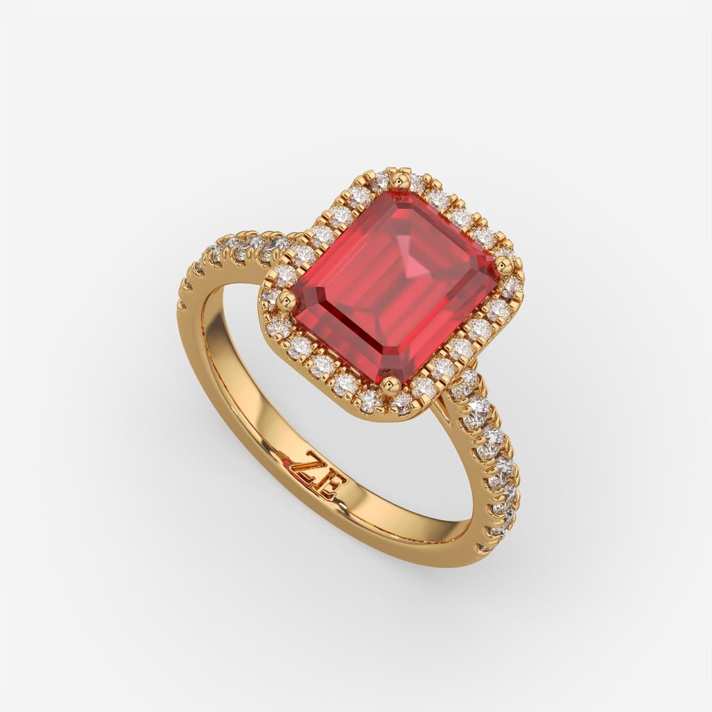 3.50 Ct Emerald Cut Red Ruby and Diamond Ring, in yellow gold, front view