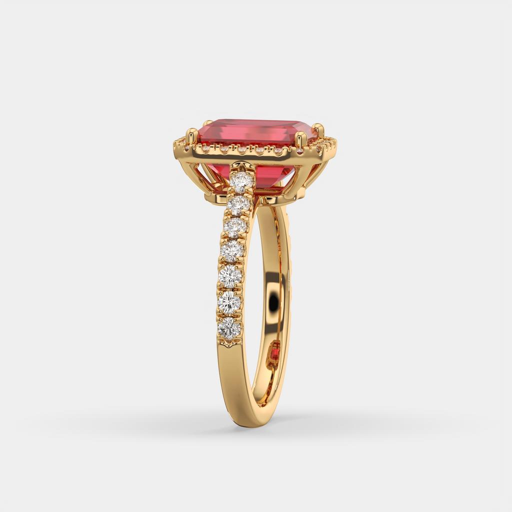 3.50 Ct Emerald Cut Red Ruby and Diamond Ring, in yellow gold, side profile