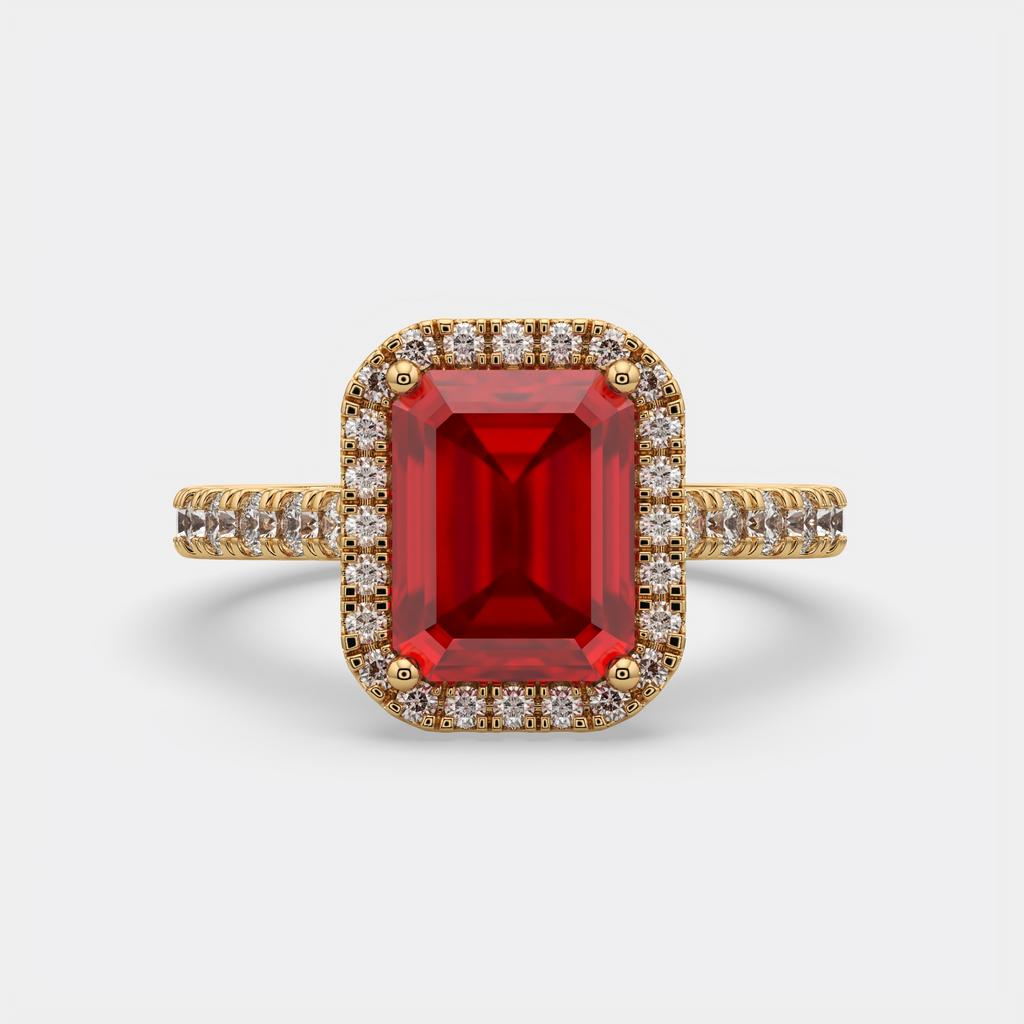 3.50 Ct Emerald Cut Red Ruby and Diamond Ring, in yellow gold, top view