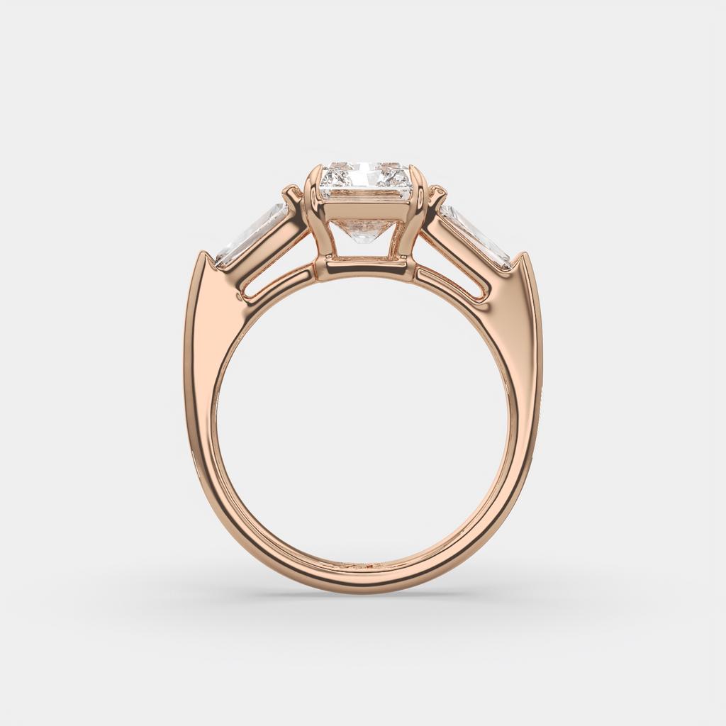 3.50 Ct Radiant Cut D VS1 Diamond Three Stone Ring With Tapered Baguettes, in rose gold, front view