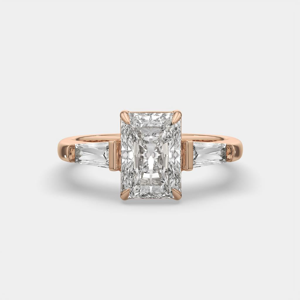 3.50 Ct Radiant Cut D VS1 Diamond Three Stone Ring With Tapered Baguettes, in rose gold, front view
