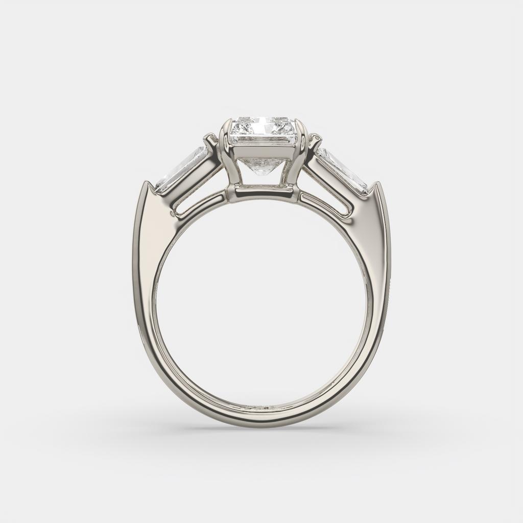 3.50 Ct Radiant Cut D VS1 Diamond Three Stone Ring With Tapered Baguettes, in white gold, front view