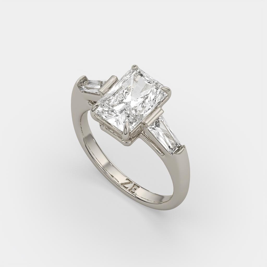 3.50 Ct Radiant Cut D VS1 Diamond Three Stone Ring With Tapered Baguettes, in white gold, side profile
