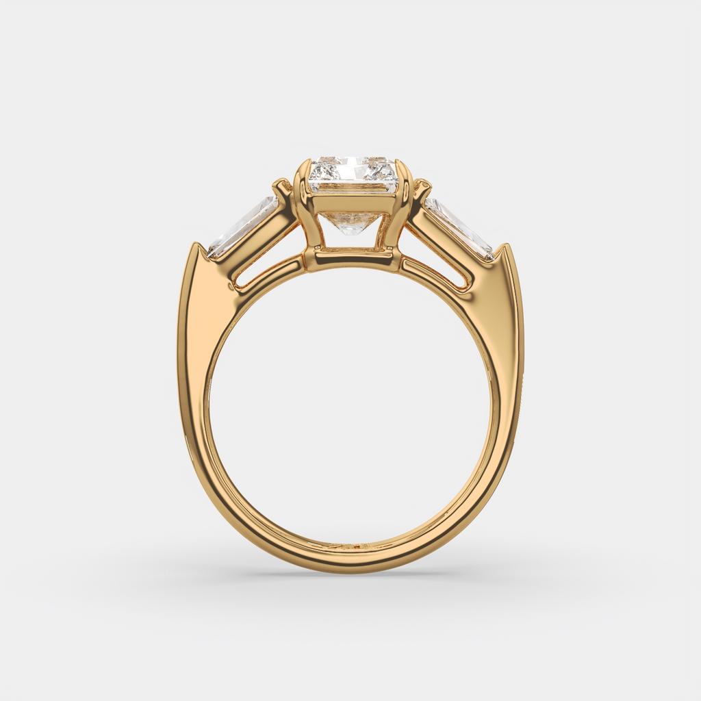 3.50 Ct Radiant Cut D VS1 Diamond Three Stone Ring With Tapered Baguettes, in yellow gold, front view