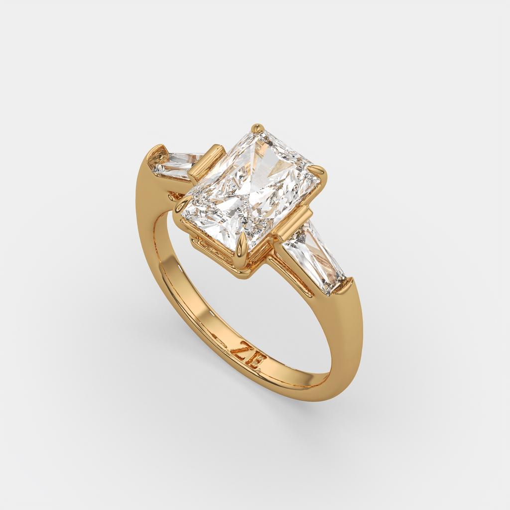 3.50 Ct Radiant Cut D VS1 Diamond Three Stone Ring With Tapered Baguettes, in yellow gold, front view