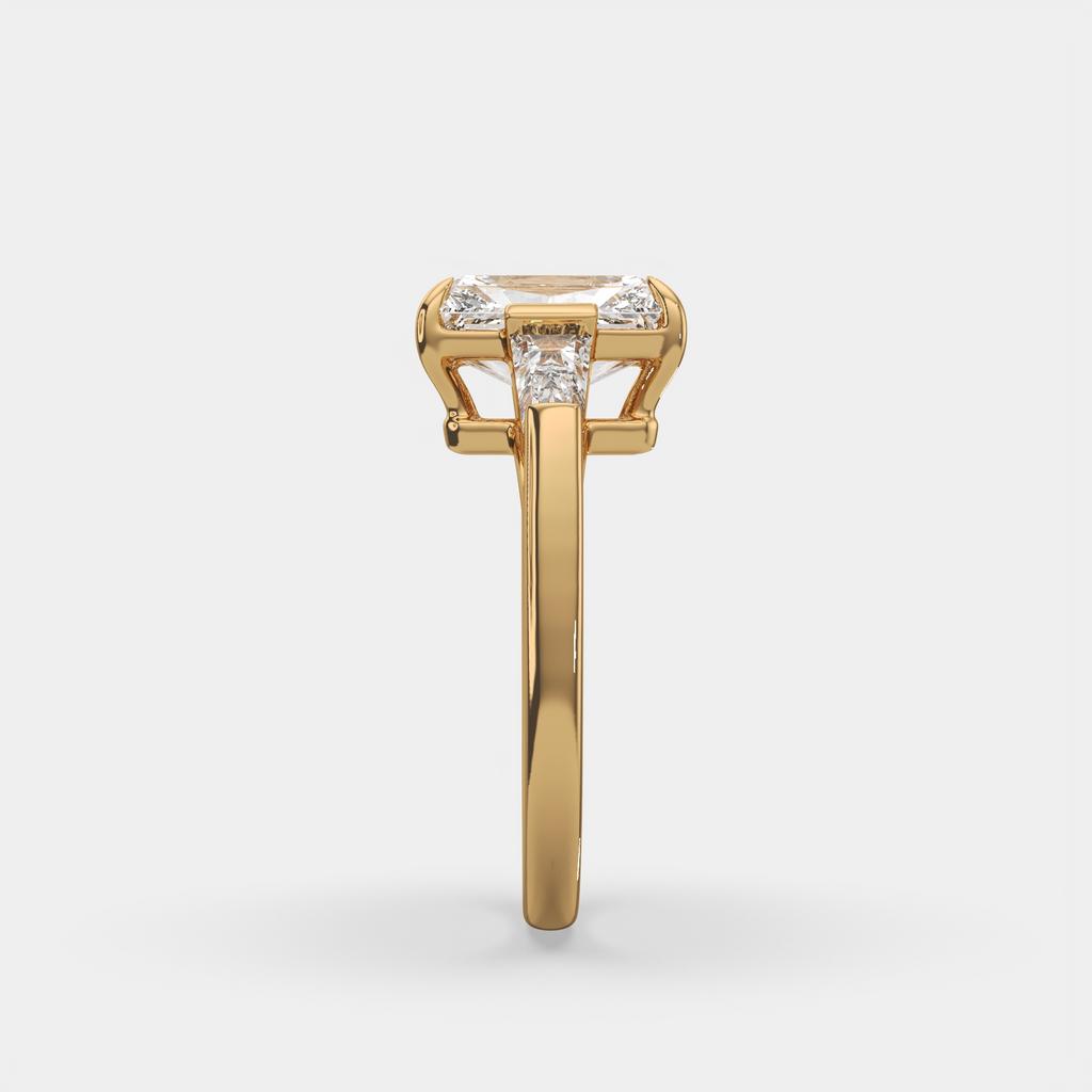 3.50 Ct Radiant Cut D VS1 Diamond Three Stone Ring With Tapered Baguettes, in yellow gold, side profile