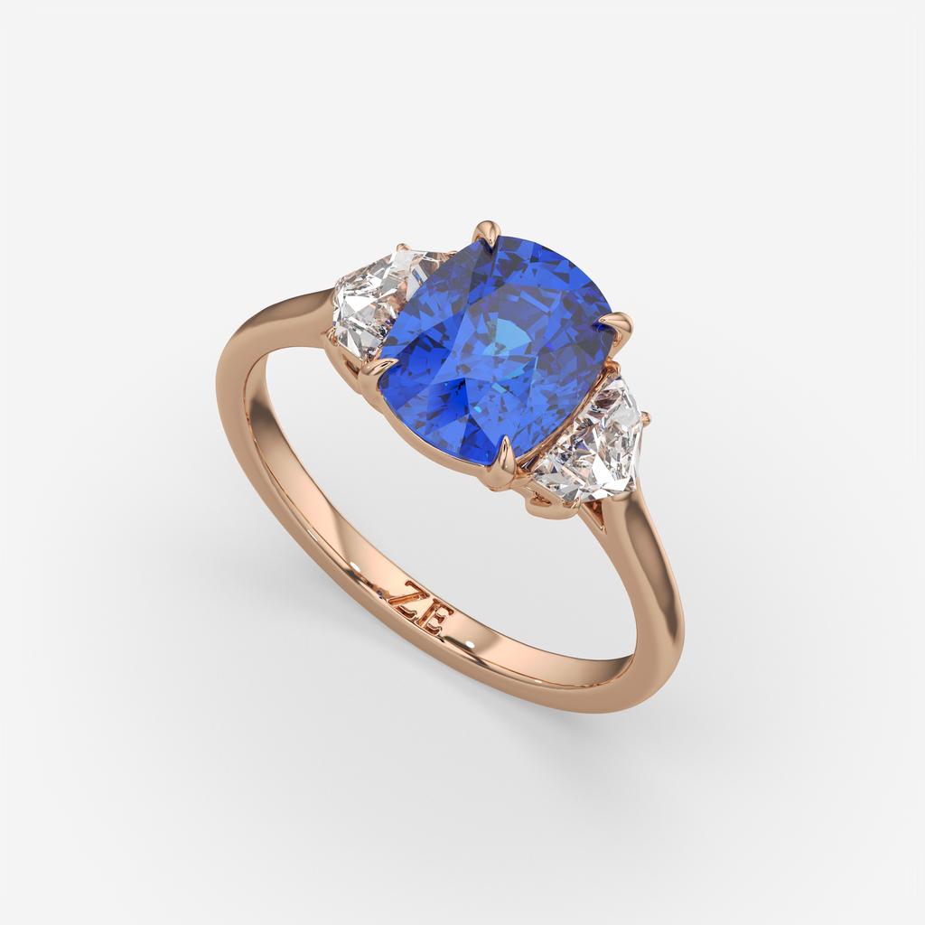 4.00 Ct Cushion Blue Sapphire and Diamond Three Stone Ring, in rose gold, front view