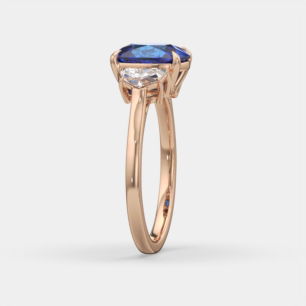 4.00 Ct Cushion Blue Sapphire and Diamond Three Stone Ring, in rose gold, side profile