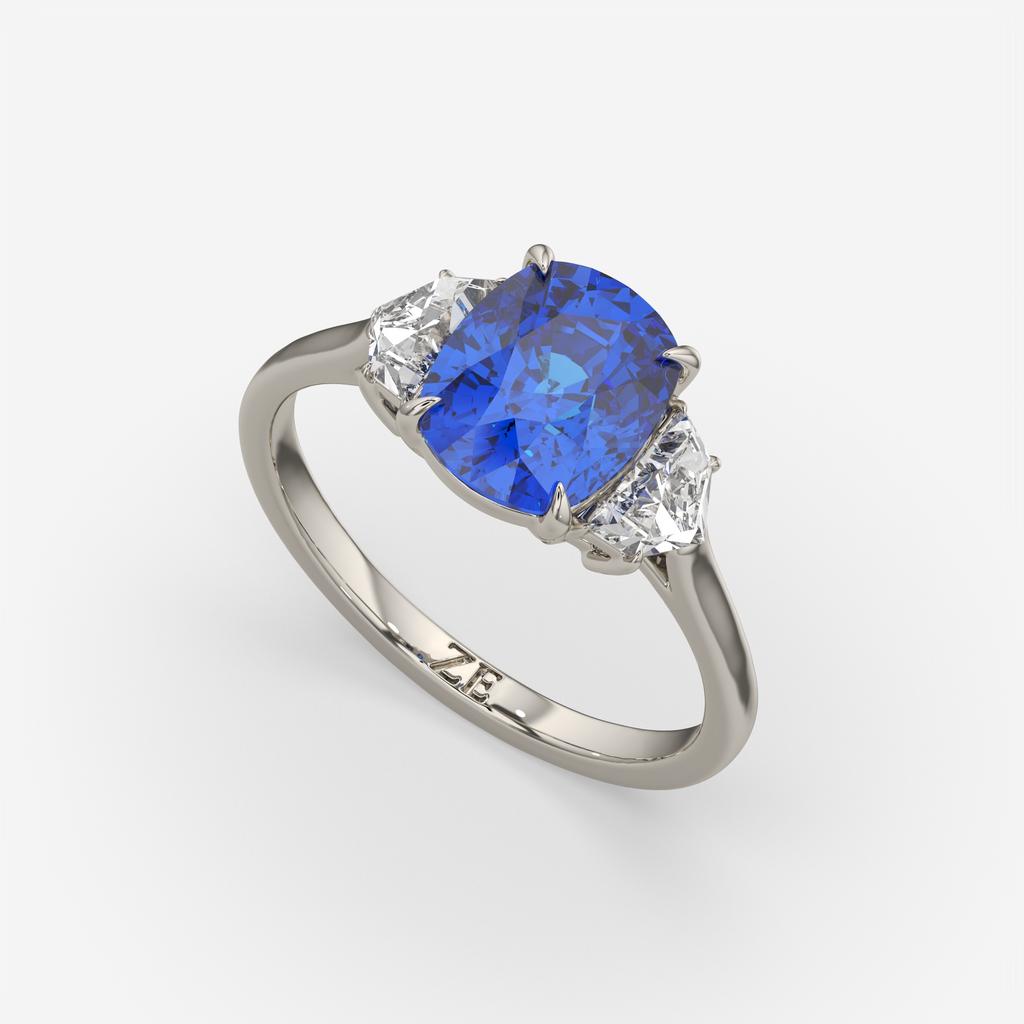 4.00 Ct Cushion Blue Sapphire and Diamond Three Stone Ring, in white gold, front view