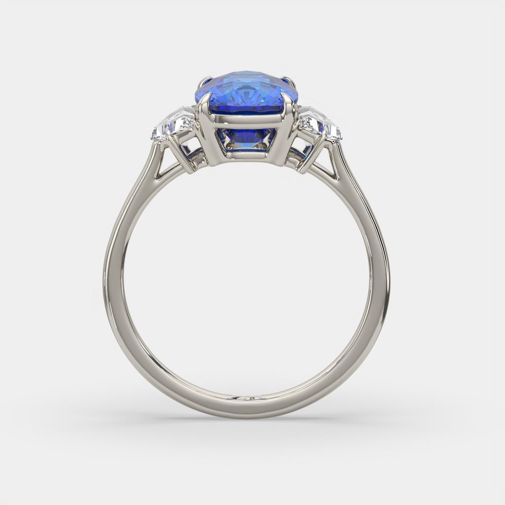 4.00 Ct Cushion Blue Sapphire and Diamond Three Stone Ring, in white gold, side profile