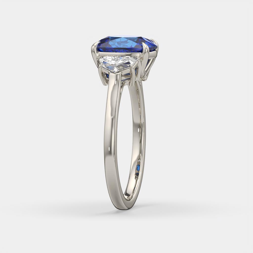 4.00 Ct Cushion Blue Sapphire and Diamond Three Stone Ring, in white gold, side profile