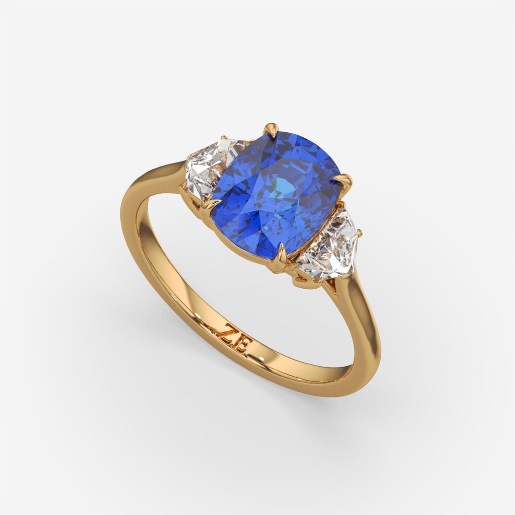 4.00 Ct Cushion Blue Sapphire and Diamond Three Stone Ring, in yellow gold, front view