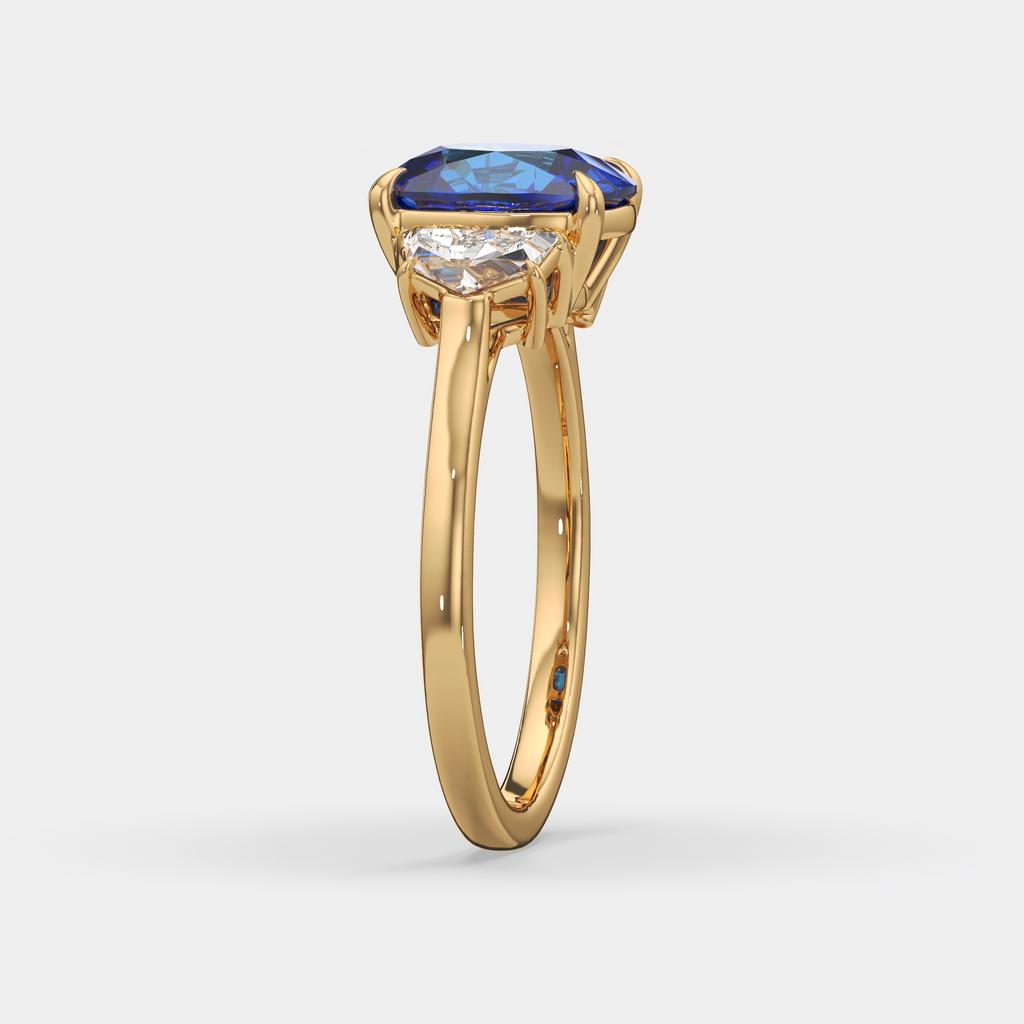 4.00 Ct Cushion Blue Sapphire and Diamond Three Stone Ring, in yellow gold, side profile