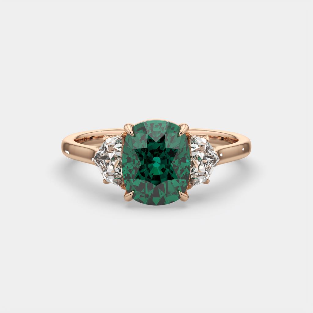 4.00 Ct Cushion Green Emerald and Diamond Three Stone Ring, in rose gold, front view